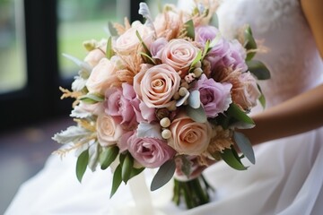 Brides grasp holds David Austin bouquet, a fragrant treasure of romantic elegance Generative AI
