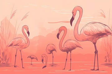 flamingos in the water on a pink background made by midjeorney