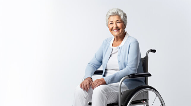  Female Senior Citizen Sitting No A Wheel Chair, White Background, Smiling, Old, Cinematic. Generative Ai