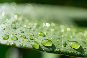 Macro closeup of Beautiful fresh green leaf with drop of water after the rain in morning sunlight nature background.