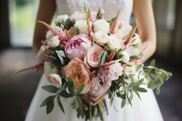 Elegantly captured brides hands cradle David Austin bouquet, a wedding day masterpiece Generative AI