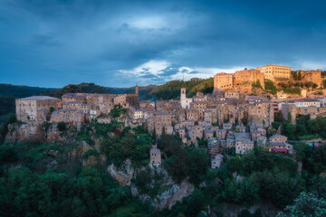Sunset landscapes of an Italian medieval city, Sorano in the province of Grosseto in southern...