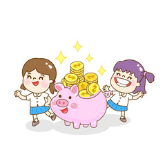 Cartoon kids save money vector.