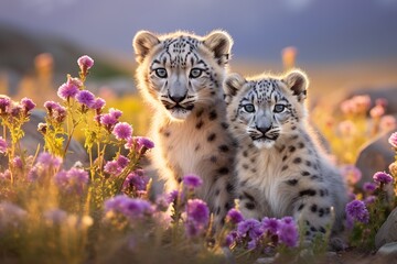 two young snow leopards in a wildflowers field - obrazy, fototapety, plakaty