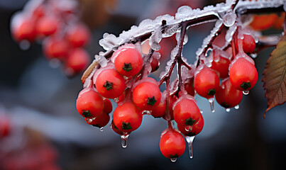 Fototapeta na wymiar Frozen red berries on a branch, on a blurred background.