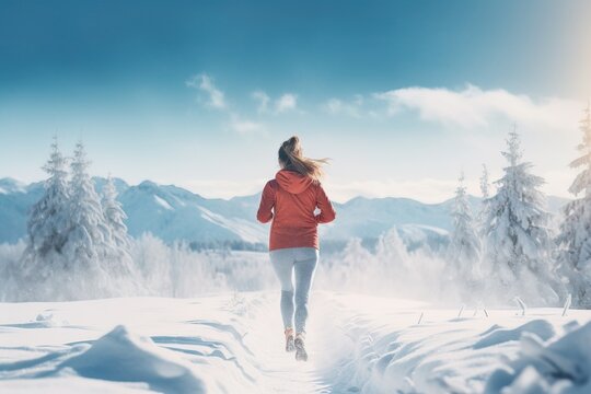 Back View Of A Woman Running In A Snow, White Winter Landscape