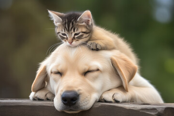 Unlikely animal friends a cat perched on a dog's head, sharing a heartwarming bond.