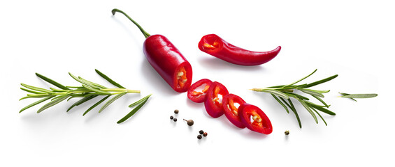 Fresh herb rosemary and red chilli pepper isolated on white background. Transparent background and natural transparent shadow; Ingredient, spice for cooking. collection for design