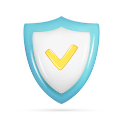 Realistic 3d blue security safe icon with checkmark. Customer 3d glossy guaranteed protection symbol, quality protected shield emblem. Vector illustration isolated on white background