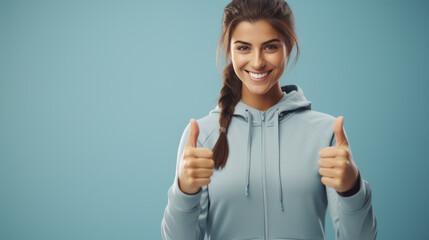 Happy young woman isolated over light blue background showing thumbs up gesture. Generative AI