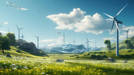 a field with wind turbines. Generative Ai