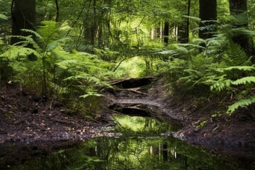 puddle in a forest, reflecting surrounding greenery