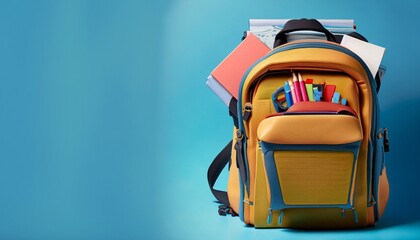 Embark on an educational journey with our image. A loaded school backpack against a vibrant blue backdrop, ready for 'Back to School.' Real textured, inviting knowledge pursuit JPG. Generative AI. 