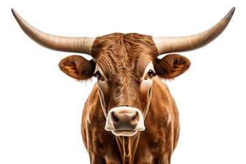 Portrait of a front-view Texas Longhorn cow isolated on a white background, Generative Ai