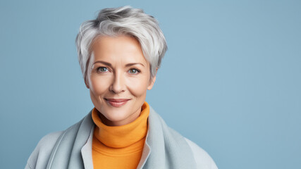Fototapeta premium Russian woman in 60s, gray hair, copy space