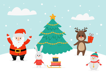 A few funny characters next to a Christmas tree on a snowy background. Collection with Santa Claus, elf and cute animals.