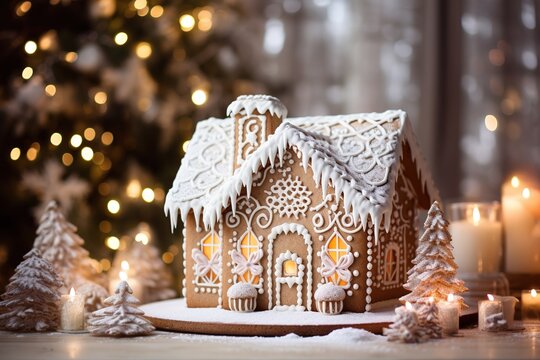 Lebkuchenhaus mit Zuckerguss und Beleuchtung in weihnachtlicher Stimmung. Ideal als Hintergrundbild zum Thema Backen in der Adventszeit. 
