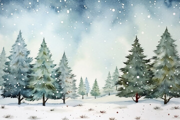 Christmas trees and snowflakes, hand-drawn watercolor holiday background. Set design holiday christmas trees.