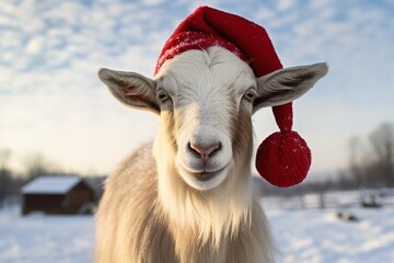 Ziege mit Weihnachtsmütze im Winter. Bock spielt Weihnachtsmann für eine gute Advent-Stimmung. - obrazy, fototapety, plakaty