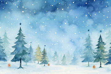 Obraz premium Christmas trees and snowflakes, hand-drawn watercolor holiday background. Set design holiday christmas trees.