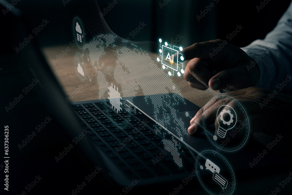 Poster man uses ai, machine learning, and artificial intelligence technology. chat on computer digital assi