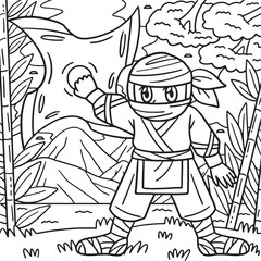Fototapeta na wymiar Ninja with Huge Shuriken Coloring Page for Kids