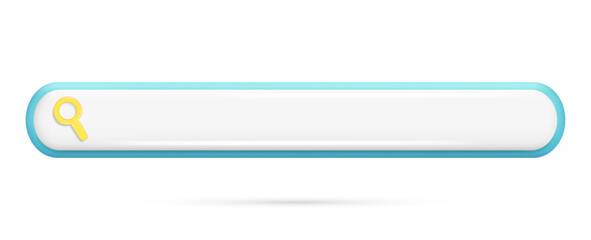 Obraz premium Realistic 3d blue and white search bar, magnifying glass icon. Glossy 3d navigation search box for web, internet browser, finding address template. Vector illustration isolated on white background