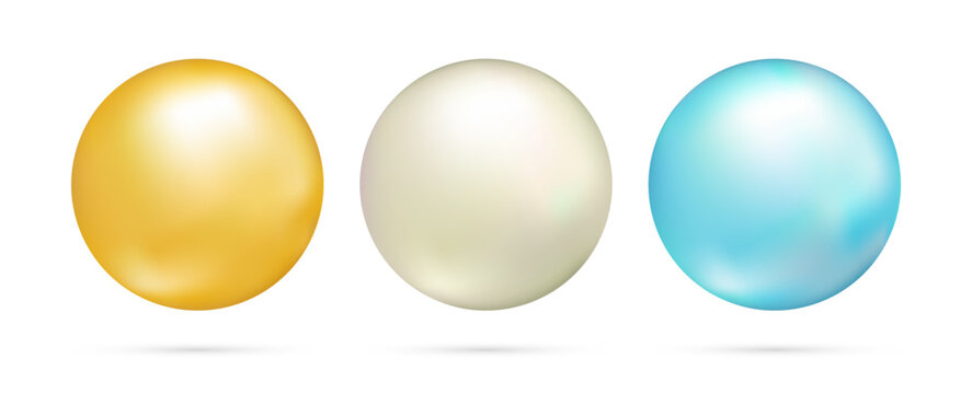 Realistic 3d glossy natural sea pearl. Spherical beautiful 3d color pearls, jewel gems, natural round shapes, jewelry element, romance or love symbol. Vector illustration isolated on white background