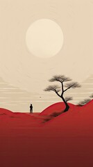 Ancient Calm in Modern Art - Minimalist Mural of a Zen Garden - A Red and Beige Homage to the Heian Period, An Elegant Landscape with Fine Detail - Background created with Generative AI Technology