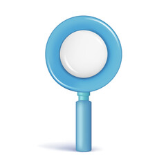 Realistic 3d glossy search icon, loupe search. Decorative cartoon magnifier finding 3d element, research icon, magnifying glass symbol. Abstract vector illustration isolated on a white background