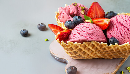 Pink ice cream with berries, strawberries, blueberries, raspberries, pistachios in waffle basket. Summer food concept, copy space. Healthy gluten free fruit ice-cream. Banner.