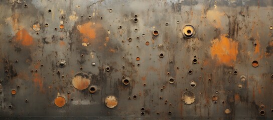 Metal texture with bullet holes, giving a dramatic, distressed look - obrazy, fototapety, plakaty