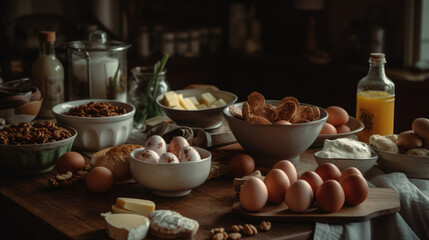 Table filled with various food items, including eggs, milk, cheese, and nuts. These ingredients are spread out across table in different bowls or containers.