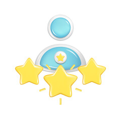 Realistic 3d person with golden stars. Customer 3d quality reviews, user rating element, customer feedback score symbol, satisfaction icon. Vector illustration isolated on white background