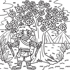 Fototapeta na wymiar Ninja under Sakura Tree Coloring Page for Kids