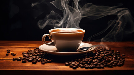 Cup of coffee on a wooden table. Generative Ai