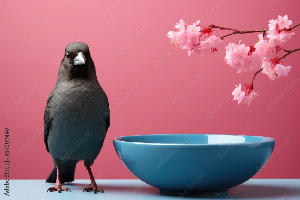 Poster a small sparrow-like bird standing next to a blue bowl and a blooming sakura branch. generative ai i