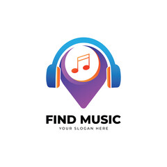 Music Point Logo design with pin and headphone Vector 