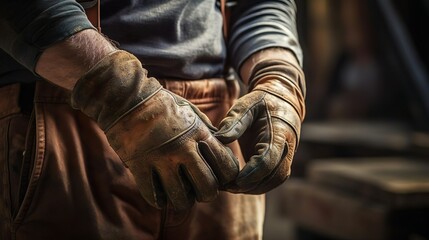 Hands of a working man putting on work gloves. - Powered by Adobe