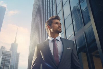 Fototapeta premium businessman before towering skyscraper in US city.
