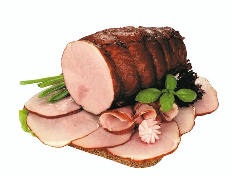 Pork tenderloin. Smoked pork loin. Polish meat cold cuts, isolated on a white background, a packshot photo.