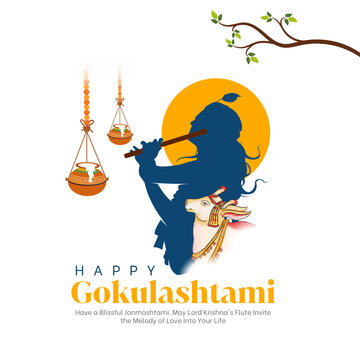 Janmashtami or Gokulashtami festival vector with Lord Krishna playing flute vector illustration background, banner, poster, and card design