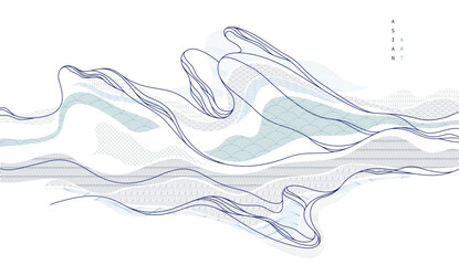 Abstract oriental Japanese art vector background, traditional style design, wavy shapes and mountains terrain landscape, runny like sea lines.