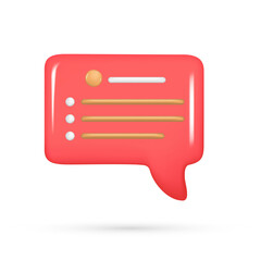 Realistic 3d red speech bubble, message button, chat box with talk speech notification. Glossy 3d element, dialogue icon, speak bubble symbol. Vector illustration isolated on white background