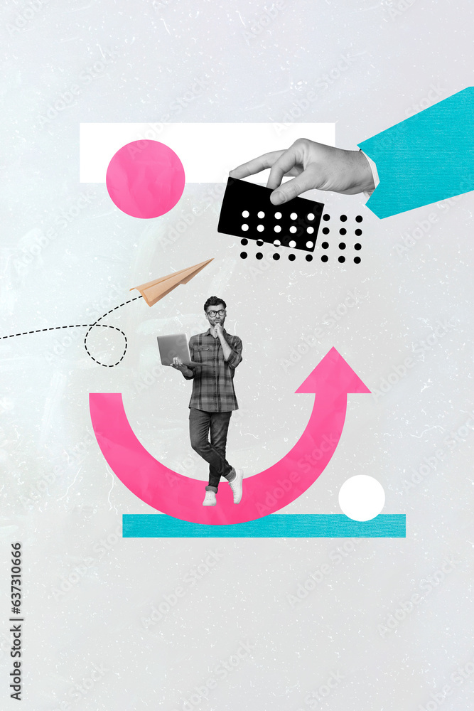 Poster vertical collage picture of mini black white colors minded guy hold netbook arrow pointer flying pap