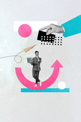 Vertical collage picture of mini black white colors minded guy hold netbook arrow pointer flying...