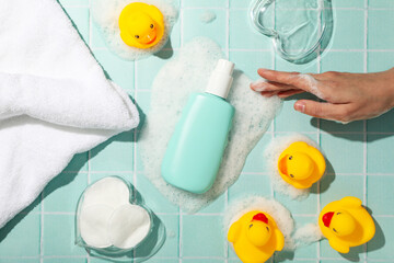 Bathroom shelf with tools yellow rubber ducks.