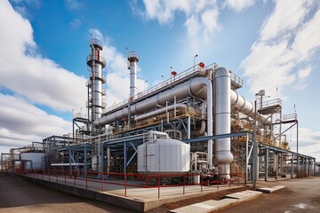 Obraz premium modern petrochemical plant with reactors and converters under heavy sky with copy space