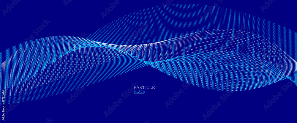 Poster dark blue abstract background, vector wave of flowing particles, curvy lines of dots in motion, tech