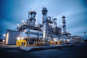 Obraz premium modern petrochemical plant with reactors and converters under heavy sky with copy space